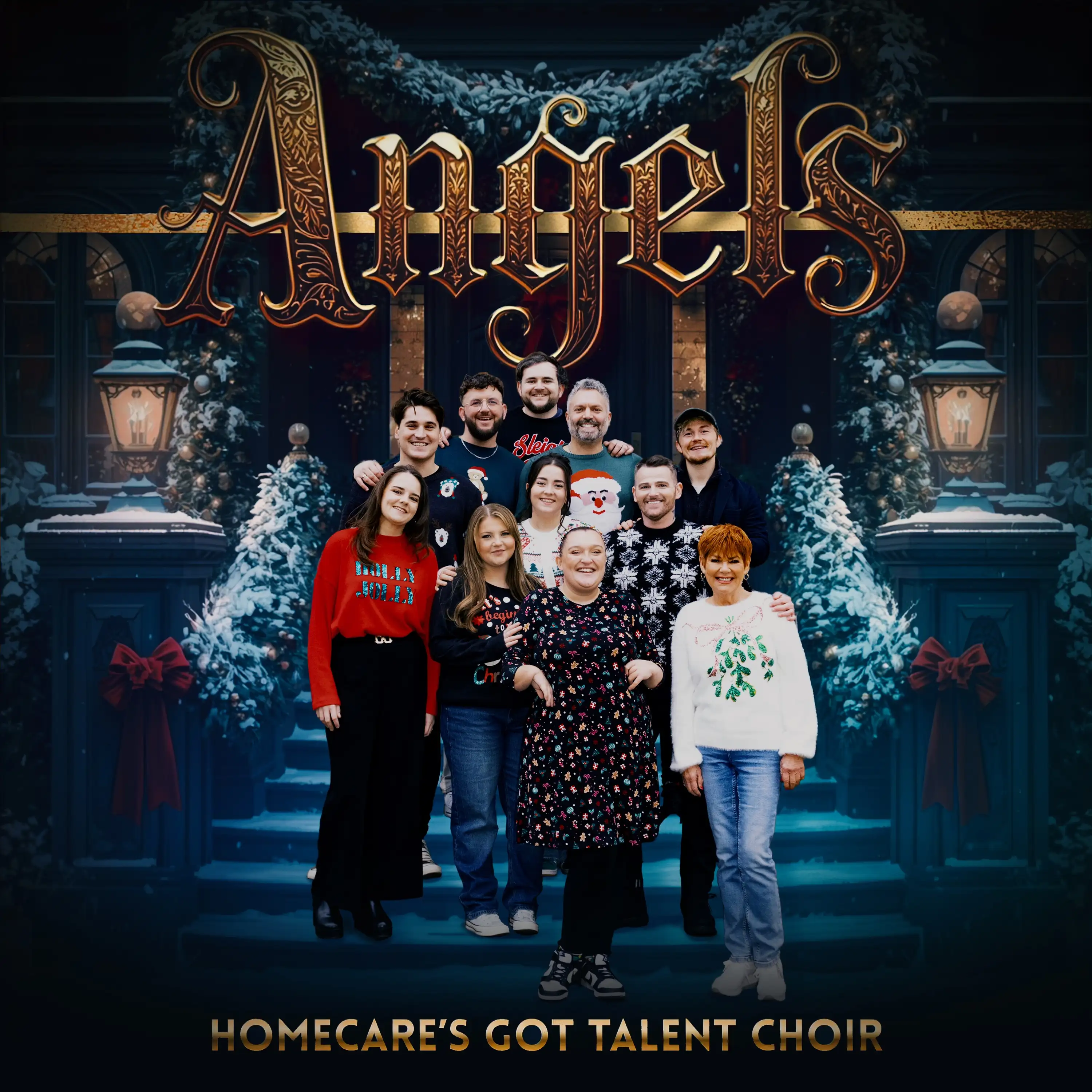 A poster of the home care's got talent. The poster has the word angels at the top in big bold letters whilst a picture of the choirs members are in the middle with the words 'Homecares Got Talent Choir' at the bottom