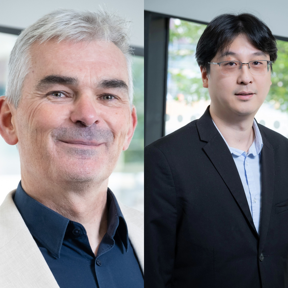 A split image showing two professional headshots. On the left, a smiling man with short grey hair wearing a light jacket and dark shirt. On the right, a man with glasses and dark hair wearing a black suit and light shirt, standing in a bright indoor setting.