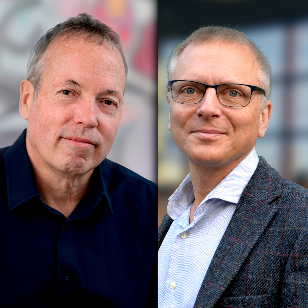 A split image showing two professional portraits. On the left, a man with short hair wearing a dark shirt looks slightly to the side. On the right, a man with glasses and short hair wears a patterned blazer and light shirt, facing the camera with a slight smile.