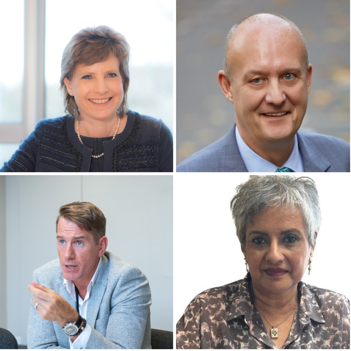 Grid of four professional headshot photos: a woman in a dark blazer smiling at a desk, a man in a grey suit with a teal tie, a man in a light grey blazer gesturing while speaking, and a woman with grey hair in a patterned blouse