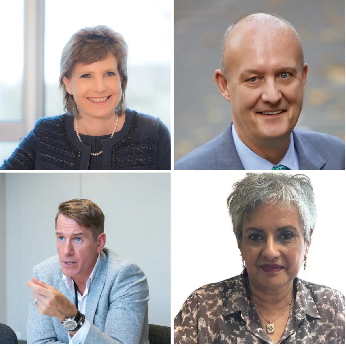 Grid of four professional headshot photos: a woman in a dark blazer smiling at a desk, a man in a grey suit with a teal tie, a man in a light grey blazer gesturing while speaking, and a woman with grey hair in a patterned blouse